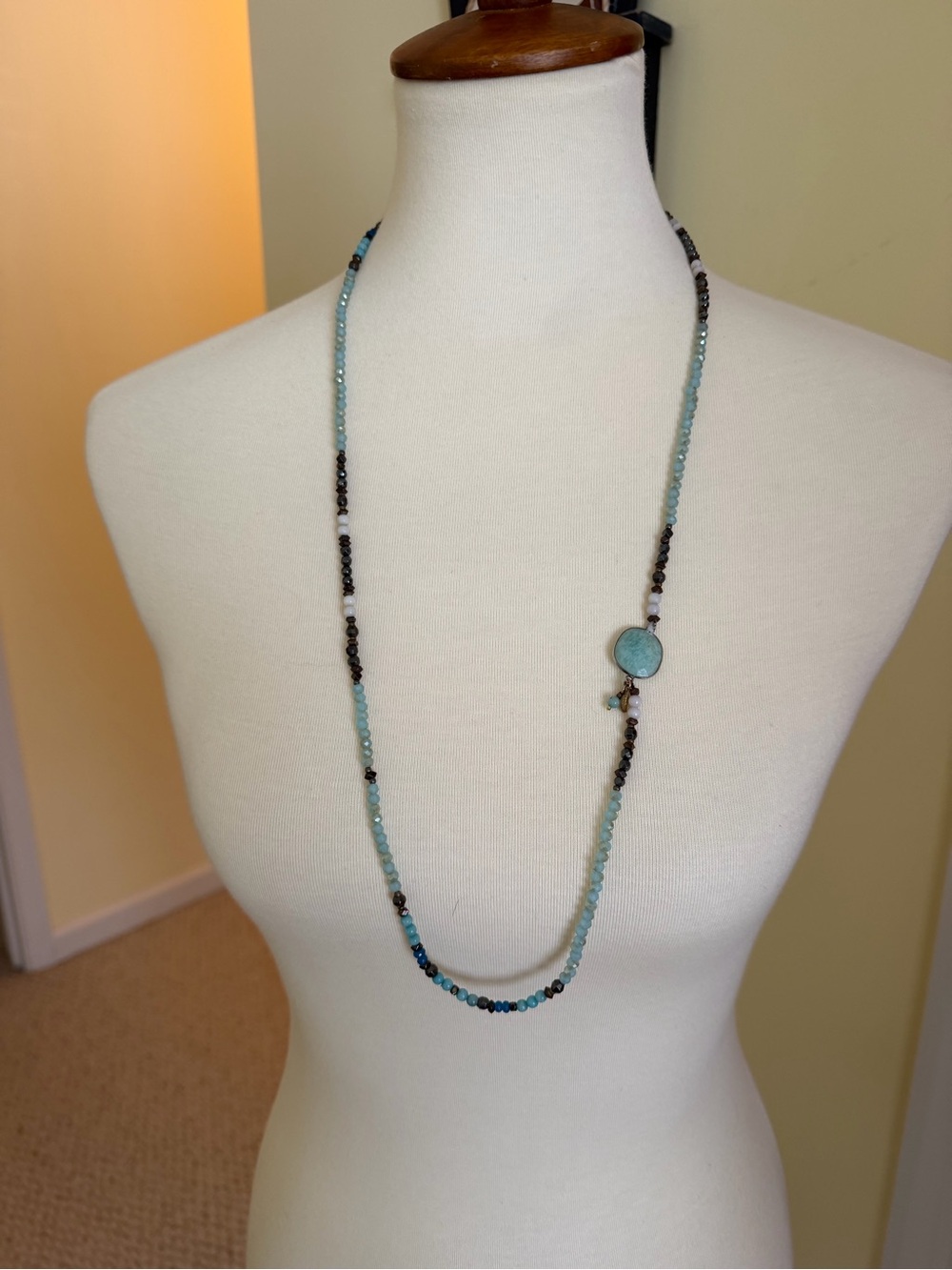 Turquoise Beaded Long Necklace with Round sterling frame Pendant - Women Jewelry